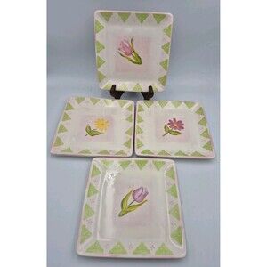 4 FTD Porcelain 7.5" Square Plates, Different Tulip Sunflowers Flowers Spring